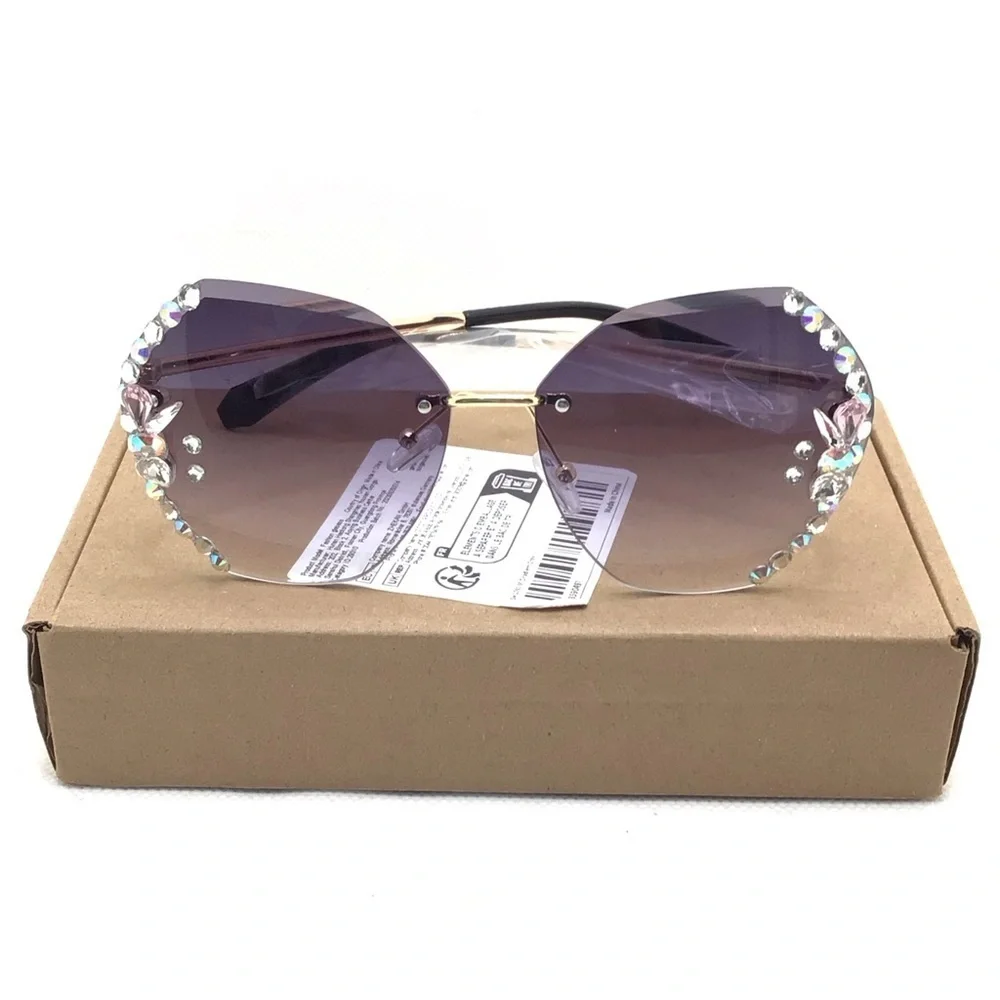 Women's Fashion Rimless Rhinestone Round Oversized Sunglasses- Gradient Gray